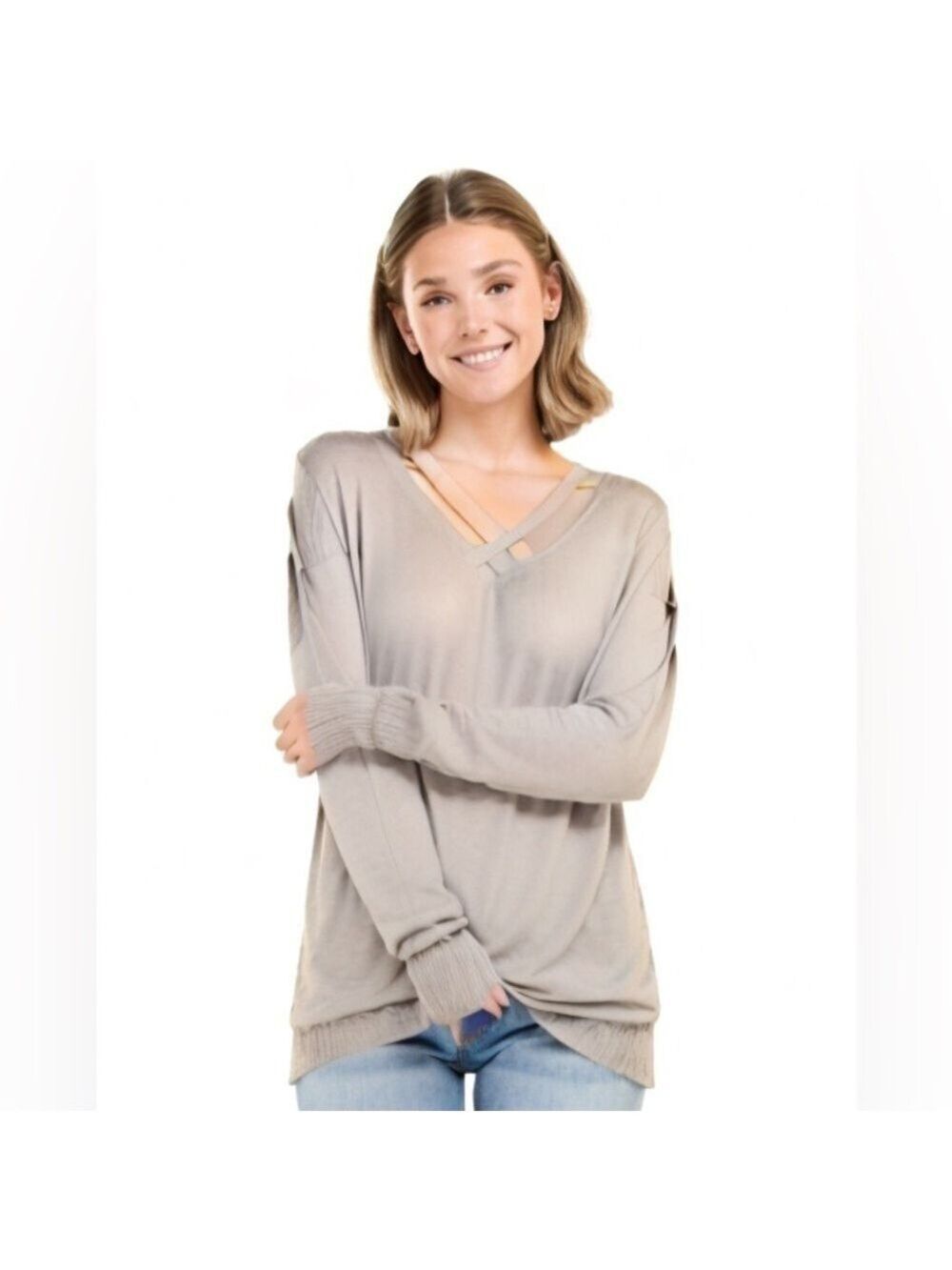 Umgee 𝅺Gray Tunic Sweater w/ Criss-Cross Front Detail